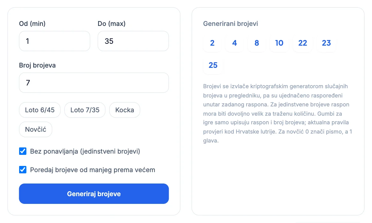Generator slučajnih brojeva: Slučajni brojevi bez ponavljanja