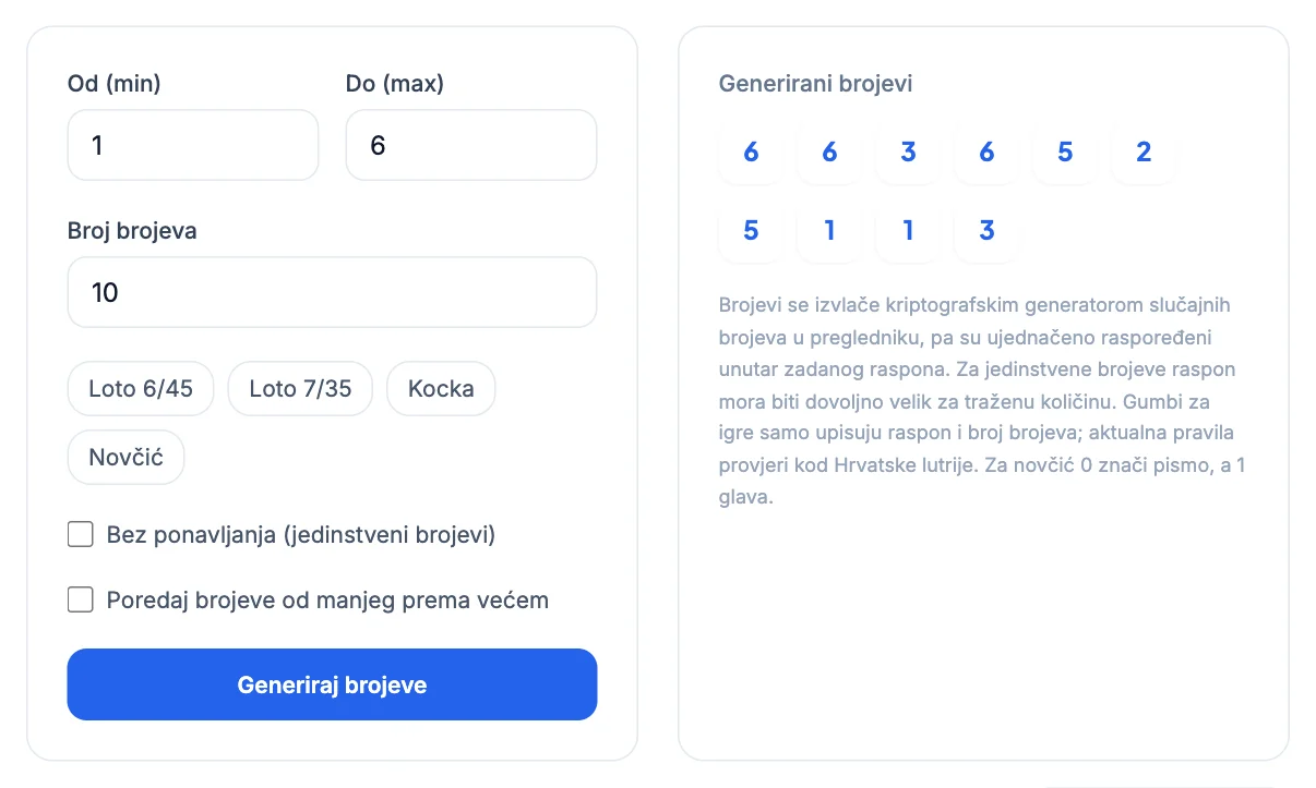 Generator slučajnih brojeva: deset bacanja kocke
