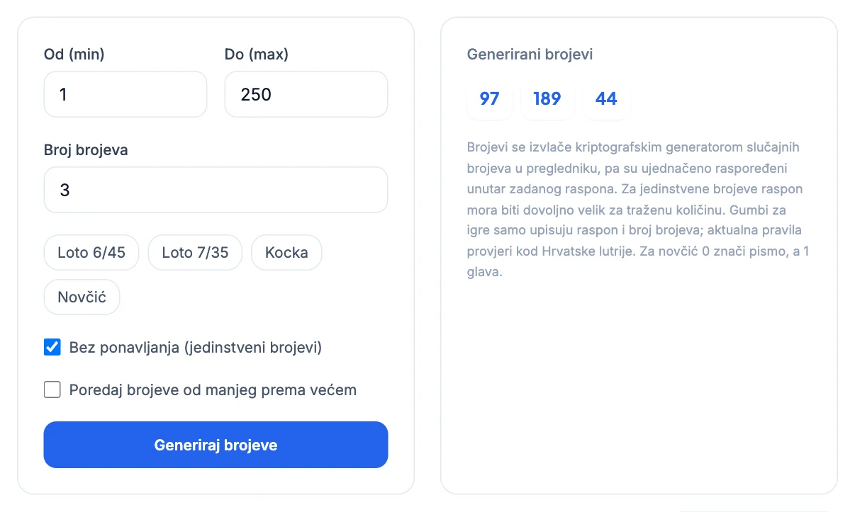Generator slučajnih brojeva: Izvlačenje dobitnika nagradne igre