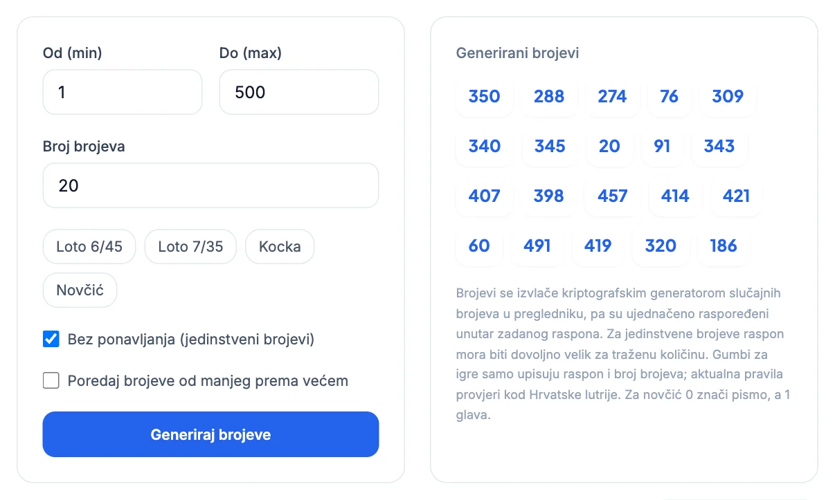 Generator slučajnih brojeva: 20 brojeva od 1 do 500 bez ponavljanja