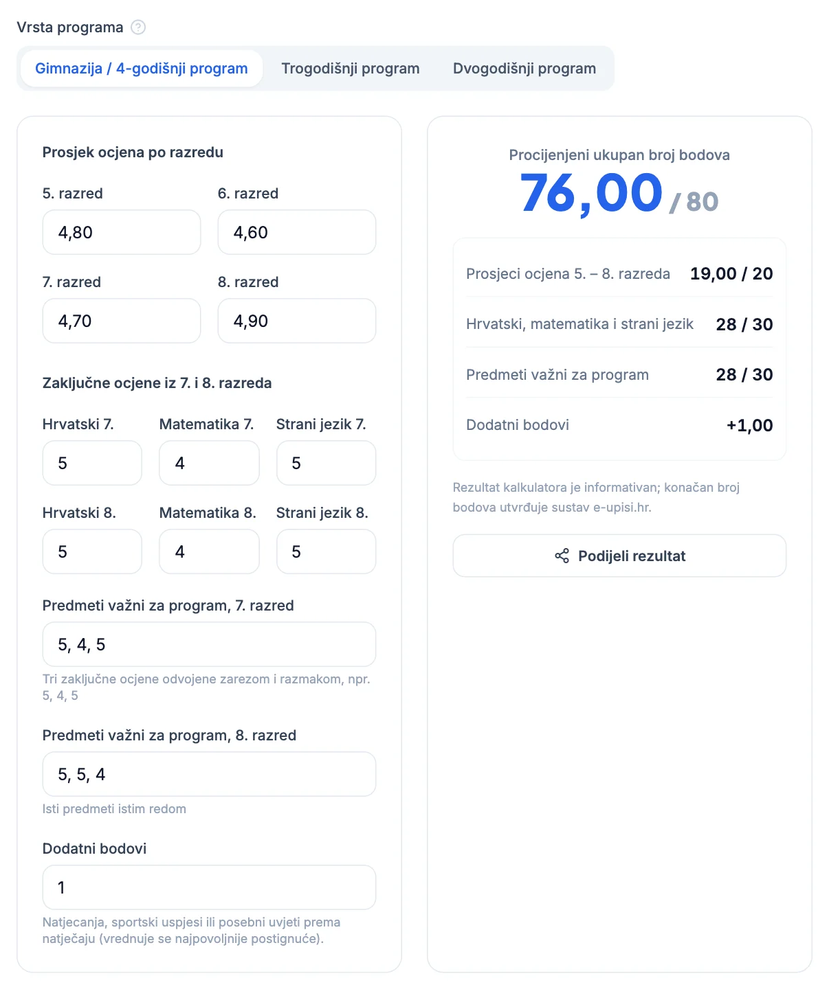 Kalkulator bodova za srednju školu: 75 bodova iz ocjena i 1 dodatni bod, ukupno 76