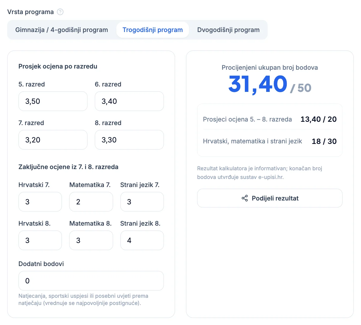 Kalkulator bodova za srednju školu: trogodišnji program, 31,40 od 50 bodova