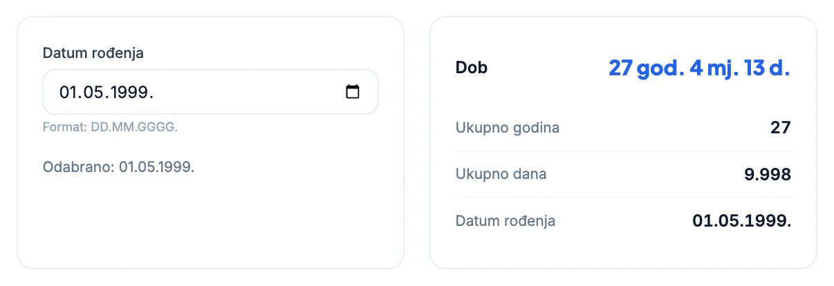 Kalkulator dobi: rođenje 1. 5. 1999., ukupno 9.998 dana