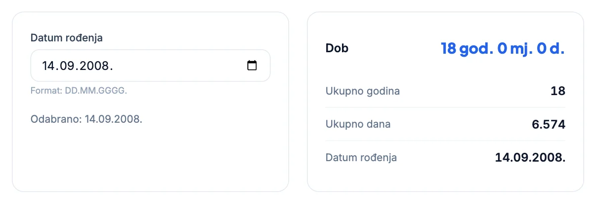 Kalkulator dobi: rođenje 14. 9. 2008., točno 18 godina