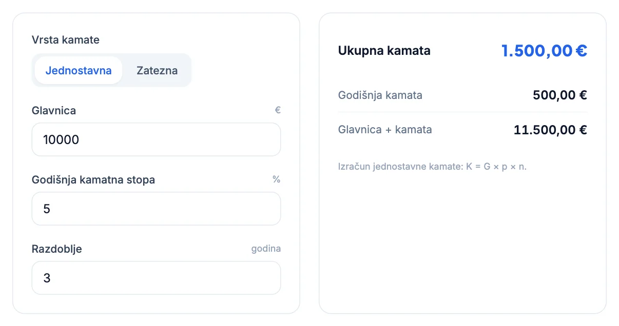 Kalkulator kamata: Jednostavna kamata: formula