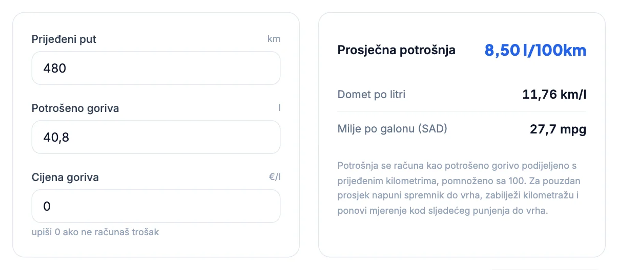 Kalkulator potrošnje goriva: 480 km, 40,8 l, potrošnja 8,5 l/100km