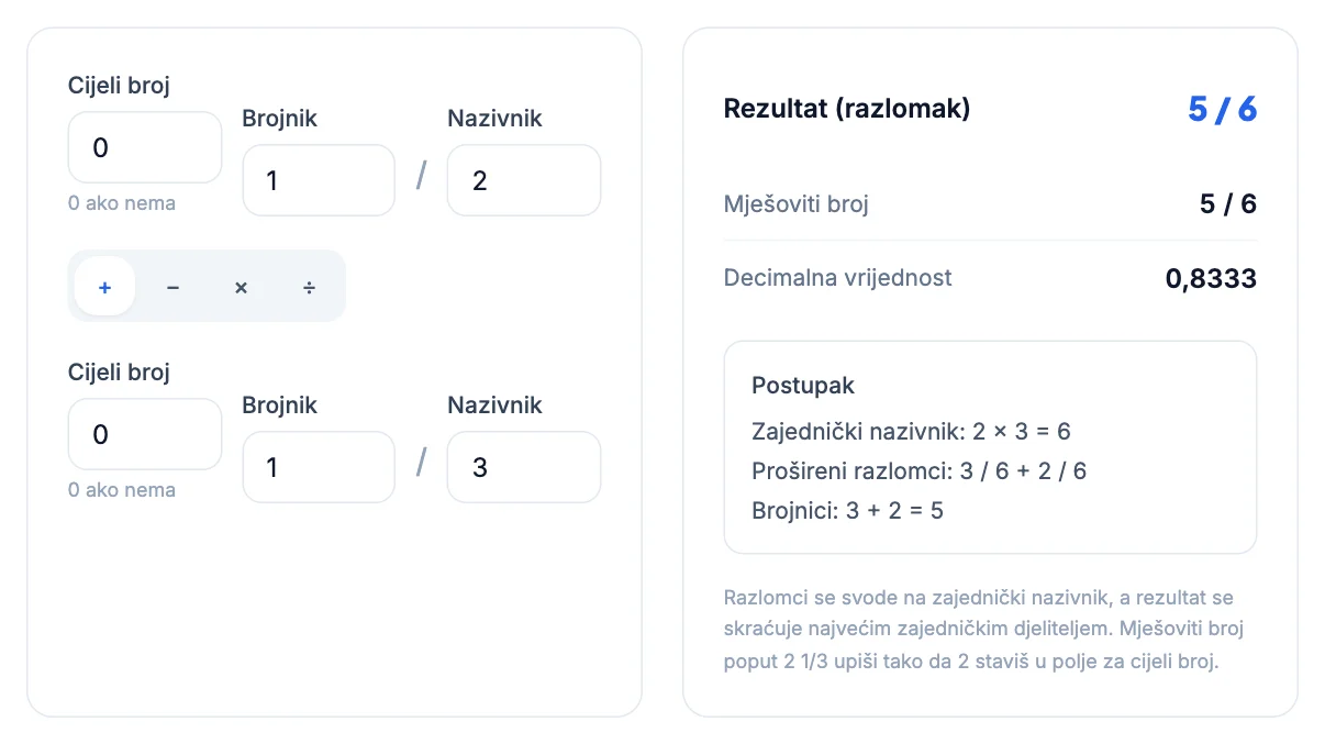 Kalkulator razlomaka: Zbrajanje i oduzimanje razlomaka