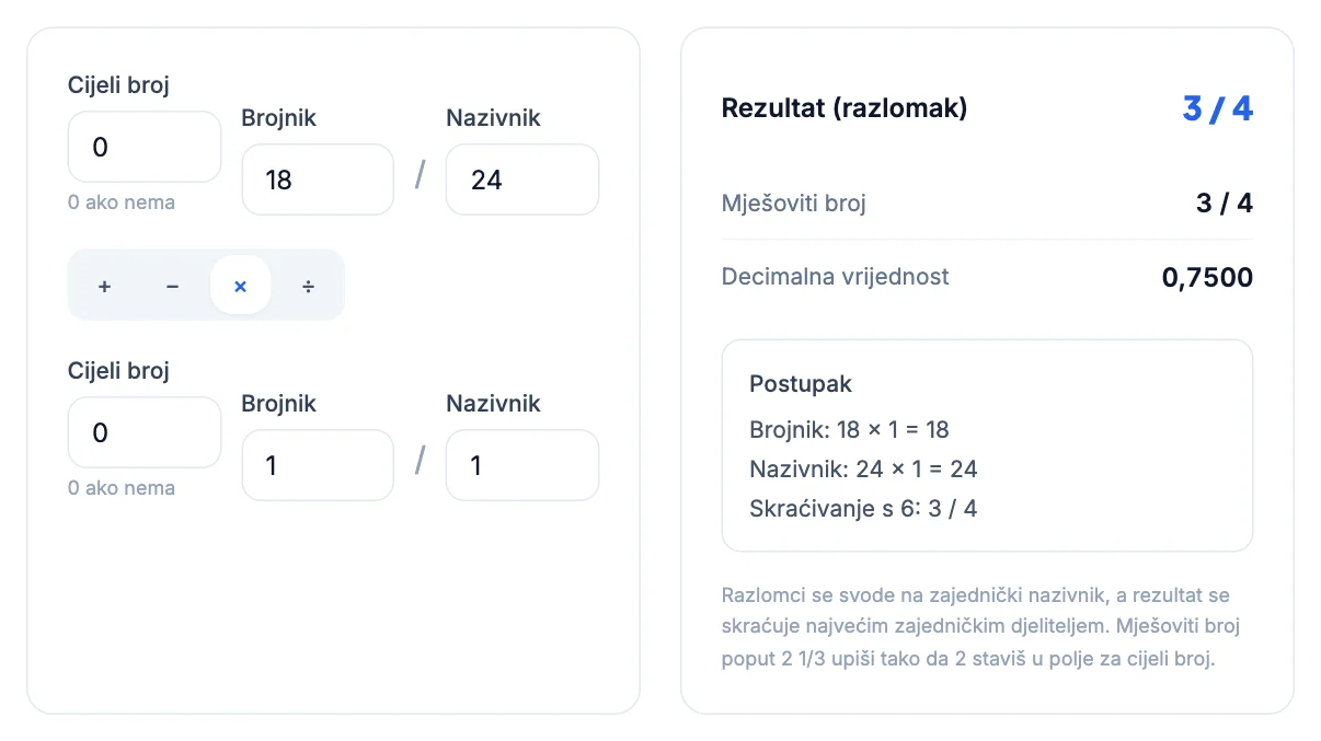 Kalkulator razlomaka: 18/24 × 1/1 = 3/4