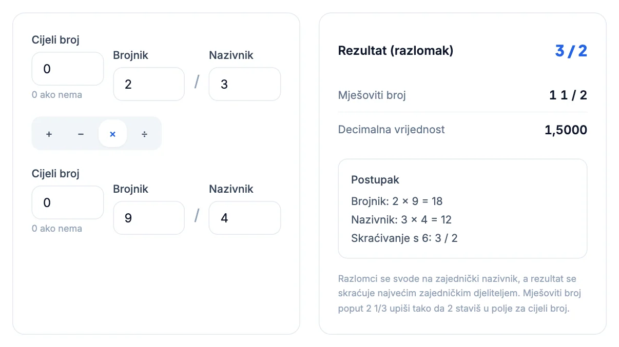 Kalkulator razlomaka: Množenje i dijeljenje razlomaka