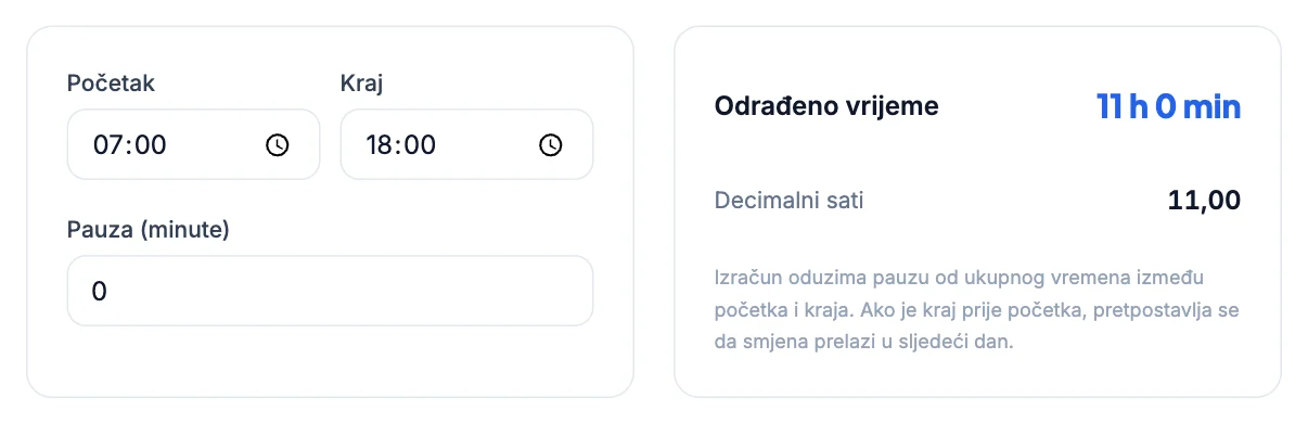 Kalkulator sati: od 7:00 do 18:00 je 11 sati