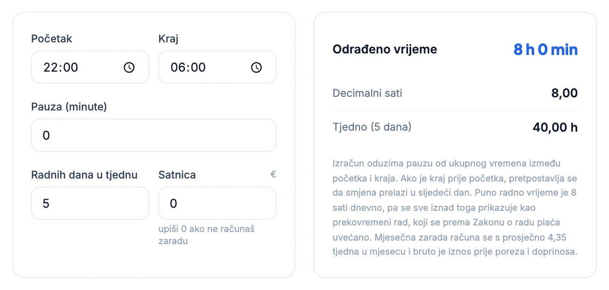 Kalkulator sati: Noćna smjena preko ponoći