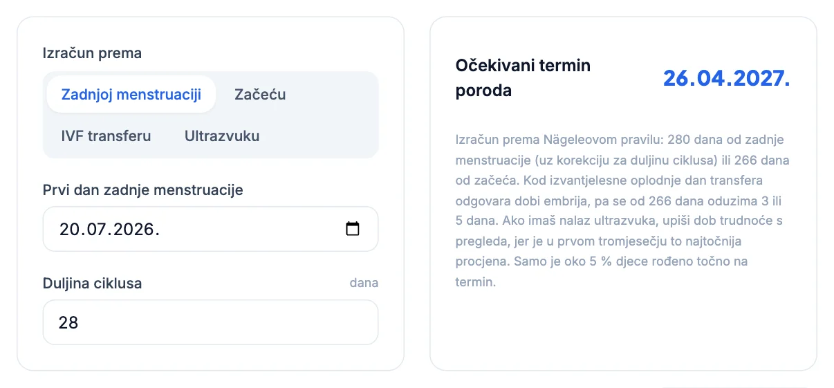 Kalkulator termina poroda: zadnja menstruacija 20. 7. 2026., ciklus 28 dana, očekivani termin poroda 26. 4. 2027.