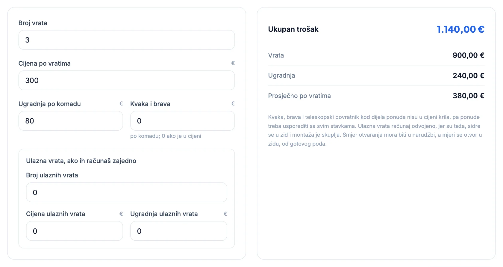 Kalkulator vrata: 3 vrata po 300 €, ugradnja 80 €, ukupno 1.140 €