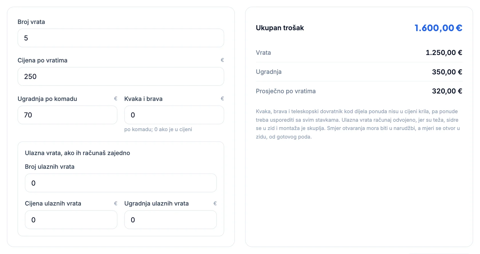 Kalkulator vrata: Unutarnja vrata za stan