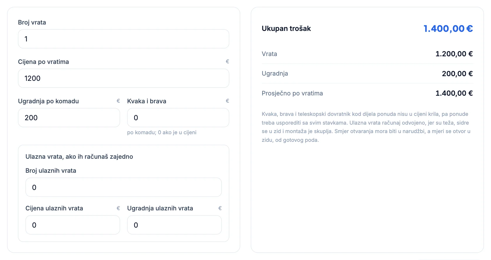 Kalkulator vrata: 1 ulazna vrata 1.200 €, ugradnja 200 €, ukupno 1.400 €