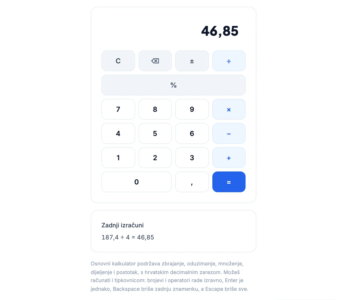 Osnovni kalkulator: 187,4 ÷ 4 = 46,85